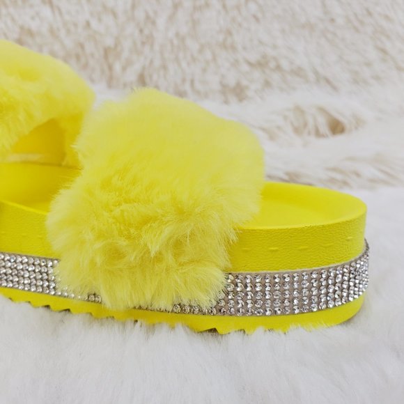 Fur Baby Yellow Soft Furry Double Band Slip on Rhinestone Trim Sandals Slippers - Picture 7 of 14